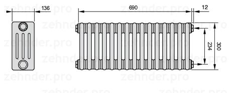 Схема (чертеж) Радиатор Zehnder Charleston 4030/15 №7610 Белый глянцевый RAL 9016